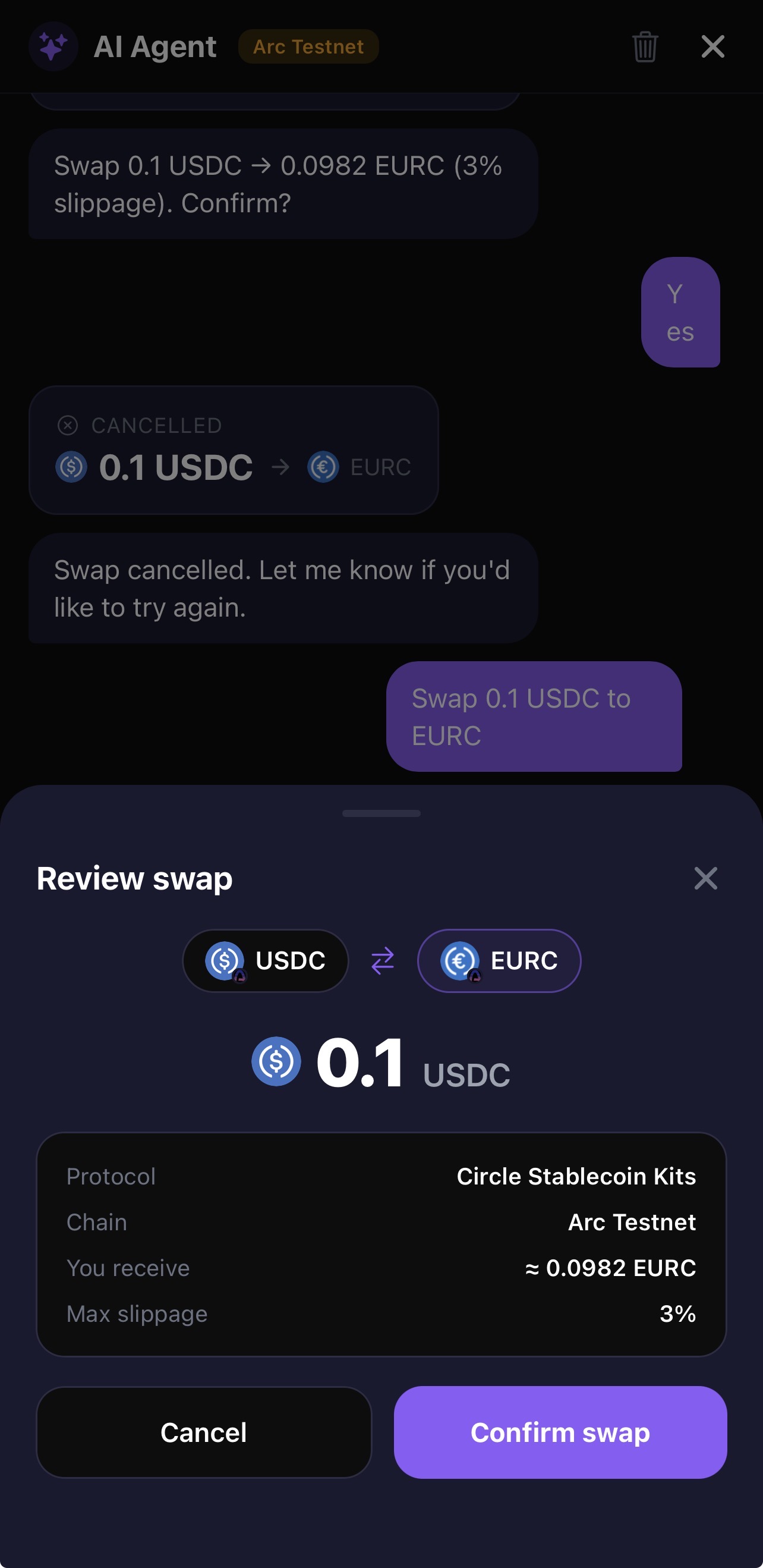 Agent chat on Arc Testnet showing the Review swap modal for a USDC → EURC swap: 0.1 USDC, Circle Stablecoin Kits protocol, Arc Testnet chain, ≈0.0982 EURC receive amount, 3% max slippage, and explicit Cancel / Confirm swap buttons. An earlier swap attempt was cancelled, which the conversation log shows.